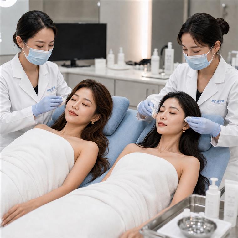 Friends receiving a calm skin-care experience