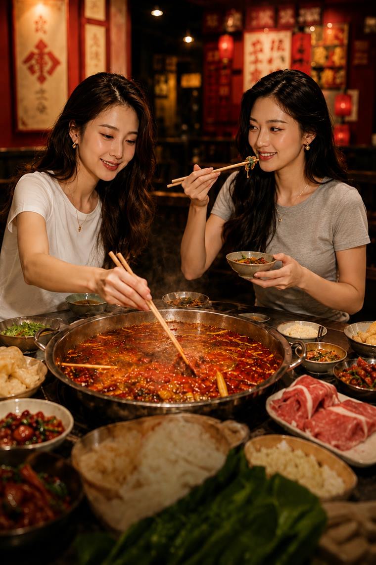 Friends enjoying Chongqing hot pot